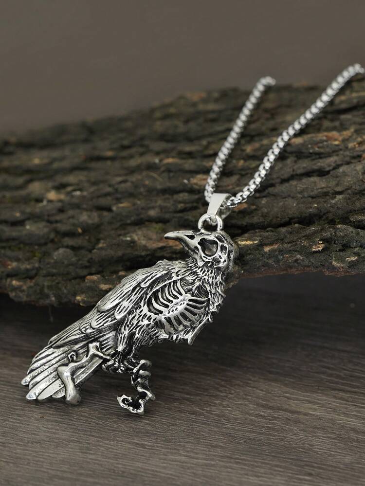 GuoShuang 1 pieza Collar con colgante de calavera de cuervo vintage, regalo único para él o ella - Plata antigua - Añade 3