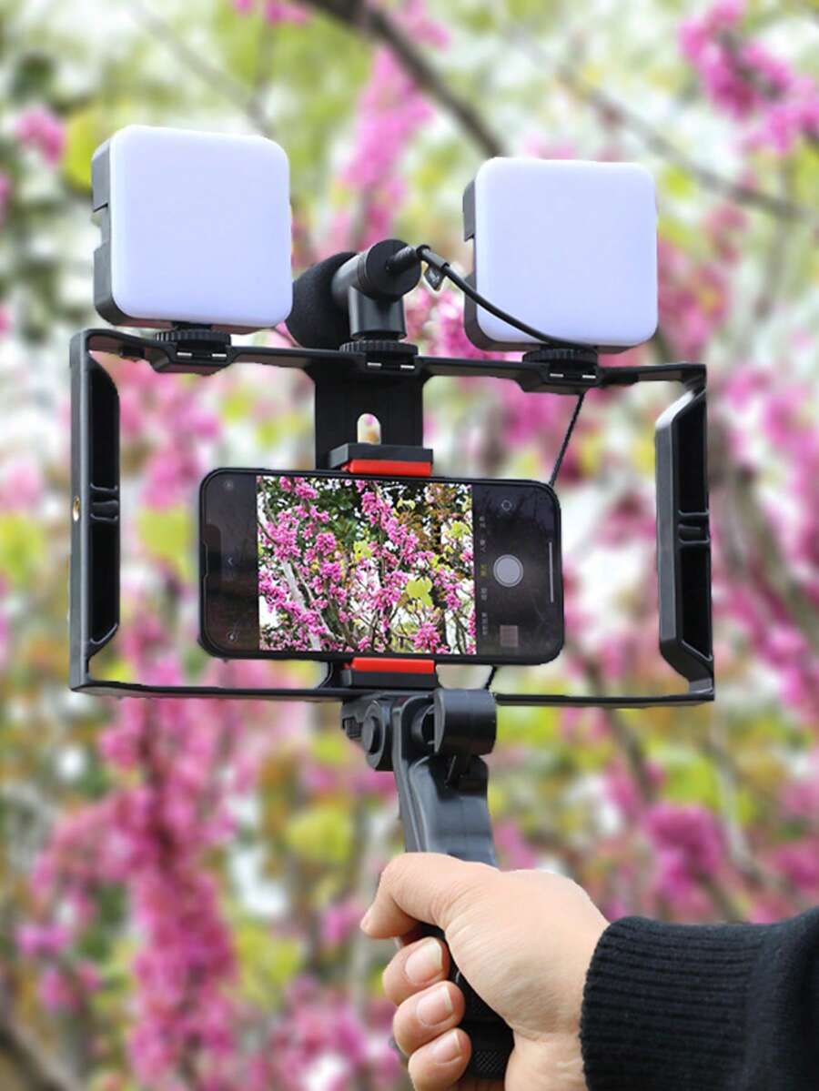 Vlog Live-Streaming-Kit für Smartphone, multifunktionales Smartphone-Fotografie- und Videoaufnahme-Set, tragbares Live-Streaming-Handgerät mit Mikrofon, Füllleuchte, Tischstativ, Smartphone-Stabilisator, einstellbares LED-Licht, für Inhaltserstellung, mit Kaltschuhhalterung geeignet für Selfies und Live-Streaming, Fotografie, tragbares Licht Selfies Live-Streaming Fotografie tragbares Licht - Schwarz - Übersicht 1