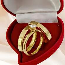 Pair Of Unisex Beveled Engagement Wedding Rings Stainless Steel 18k Gold Plated - Vàng - Xem 2