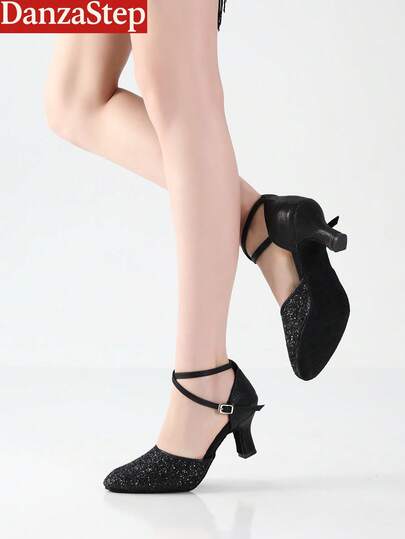 7 Cm Glitter Ballroom Dance Shoes For Women Closed Toe Ankle Strap Soft Sole Dancing Shoes For Latin Salsa Tango