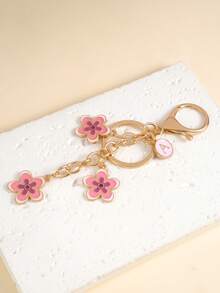 1pc Gold-Tone Alloy Colorful Floral Letter Keychain - Enamel Flowers, Multi-Color (Gray/Black, Purple, Blue, Pink), Gold Chain, Letter Pendant (A), Luxury Accessory, Enamel Craft, Bag/Wallet Charm, Cute & Fashionable For Girls/Students, Minimalist Style For Outings, Women's Gift, Girlfriend/Birthday/Christmas Gift