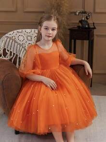 Young Girl Elegant Bow Flower Dress, Princess Dress Suitable For Little Girls Wedding, Party, Birthday, Banquet, Important Occasions - Orange - View 5