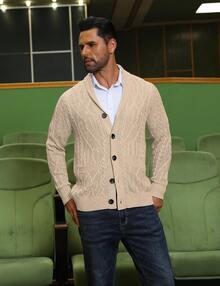 URRU Mens Shawl Collar Cardigan Sweater Casual Slim Fit Button Down Cable Long Sleeve Knitted Sweater With Pockets - 卡其色 - 查看 7