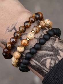 RINTOLER 3pcs/Set Vintage Punk Style Elastic Beaded Bracelet Set With Energy Stone - Multicolor - View 3
