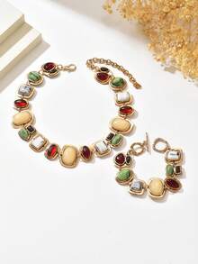 1 Set Of 2pcs Vintage Exaggerated Fashion Asymmetrical Faux Gemstone Necklace & Bracelet Set, Baroque Style French Luxury Geometric Golden Jewelry Set For Women, Suitable For Daily, Party, Event Wear (Stone Color & Position Random) - Gold - View 4