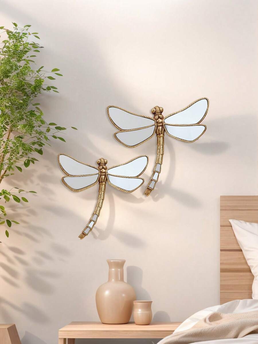 1pc Resin Gold Mirror Dragonfly Wall Decor, Insect Lover's Collection, Creative Insect Museum Hanging Decor For Home Party