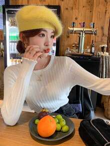 White Hollow Out Ruffle Trim Knit Sweater For Women, Slim Fit Layering Top, Autumn/Winter