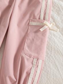 Autumn/Winter Baby Girls Cute Casual Pink Sweet Ribbon Bow Zipper Jacket & Pocket Drawstring Pants Set - Pink - View 7