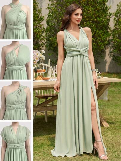 Volly Toych Celadon mehrfarbiges Chiffon einfarbiges bodenlang Chiffon Spaghettiträger elegantes formelles Brautjungfernkleid, Hochzeitsgast Langes Kleid