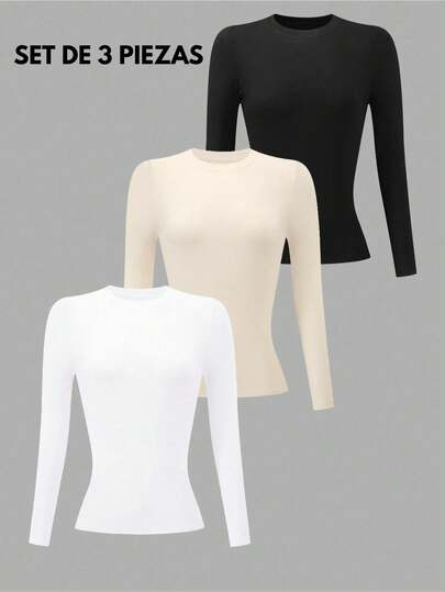 Set de 3 camisetas afelpadas para mujer, multicolor, clásicas y elegantes, colores lisos, sin estampados, tela de poliéster, con interior afelpado ligero, suave y cálido, ideales para temperadas de otoño, invierno e inicios de primavera, cuello redondo, con manga larga. Silueta ajustada para resaltar mejor tu figura. Te llagarán 3 camisetas afelpadas en colores al azar.