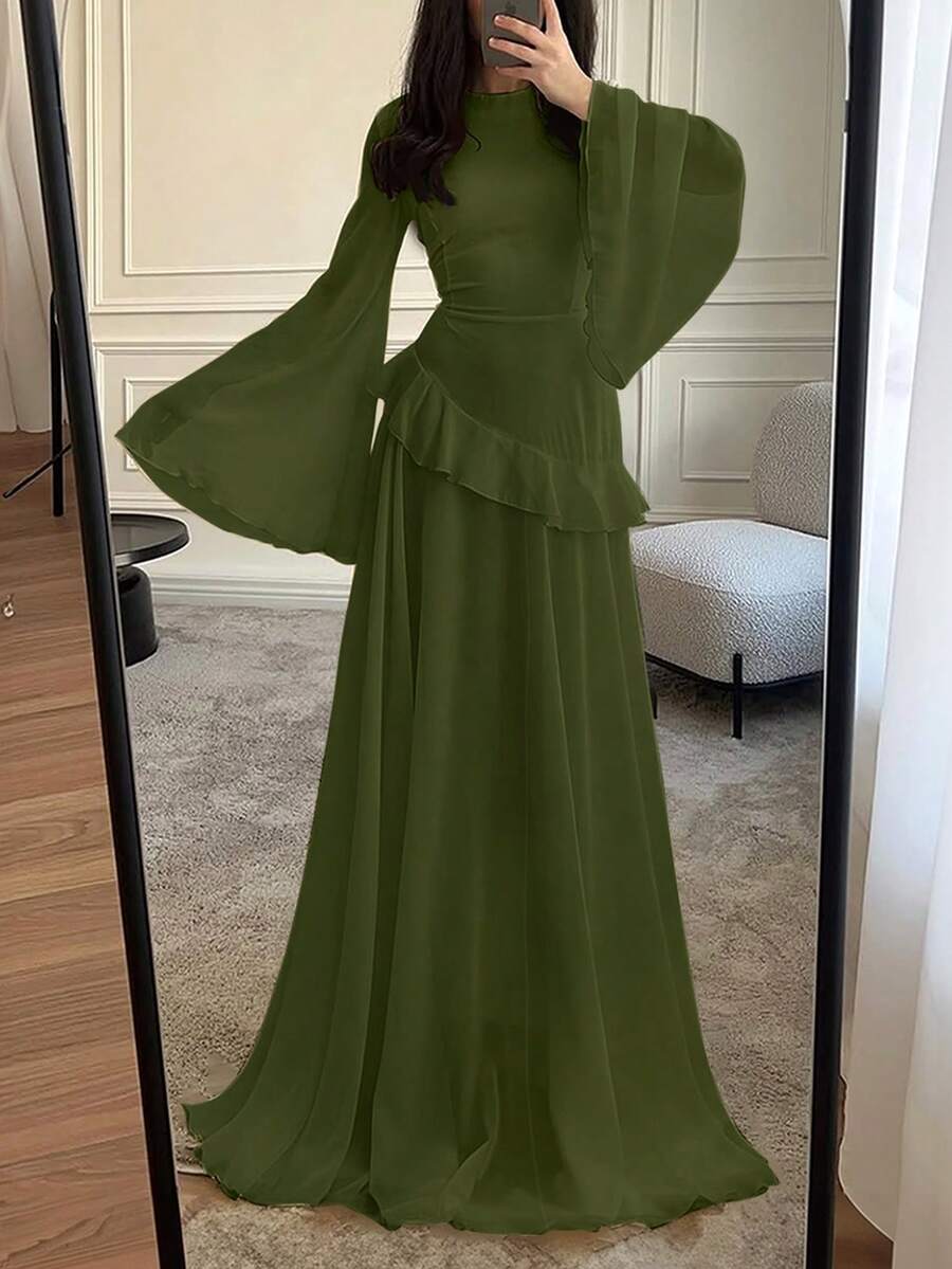 女式优雅荷叶边拼接系腰喇叭袖连衣裙，春夏 - 軍綠色 - 查看 1