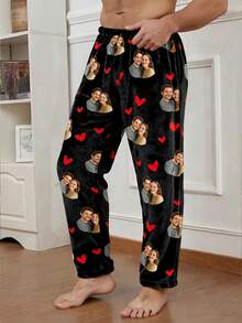 1 PC Custom Men's Fleece Pajama Pants - Personalized Couple Photo With Red Heart Design, Ideal Personalized Gifts, Customizable Things, Christmas Pajamas Pants, Versatile Thoughtfully Picked Present For Your Boyfriend