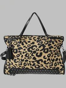 DareSee Geantă de umăr cu imprimeu leopard, geantă elegantă cu imprimeu leopard, geantă de umăr de mare capacitate, cu nituri, decor cu ciucuri, cele mai bune cadouri personalizate pentru femei, mame și iubite, geantă cu imprimeu leopard, festival de muzică, festival Y2K, înapoi la școală, toamnă, Halloween, genți de Crăciun perfecte pentru petreceri elegante, asortate cu costume de Crăciun, cadouri de Crăciun și iarnă.