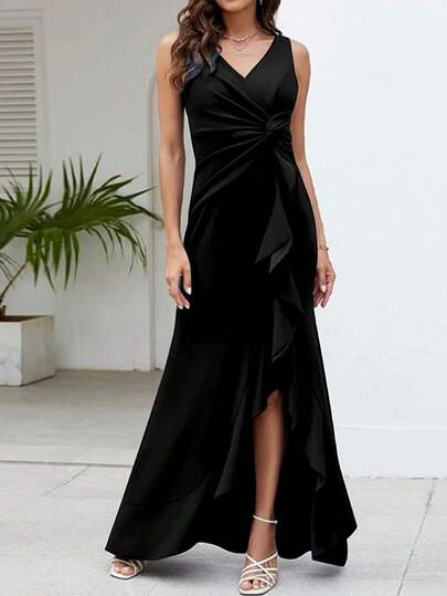 V-Neck Sleeveless Twist Split Ruffle Irregular Long Dress Elegant Women Party Cocktail Christmas Dresses New Year Cloth Evening Dress Chic Wedding