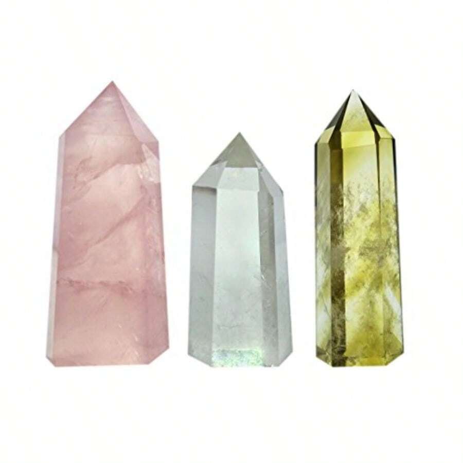 Set Of 3 Healing Crystal Wands Of Rose Quartz Clear Quartz And Yellow Quartz Pointed And Faceted For Healing Reiki Chakra Meditation Therapy Decor