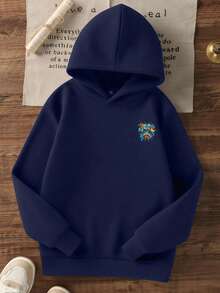 1pc Tween Boy Casual Printed Pullover Sweatshirt, Thermal Lined, Long Sleeve, Autumn/Winter - Navy Blue - View 4