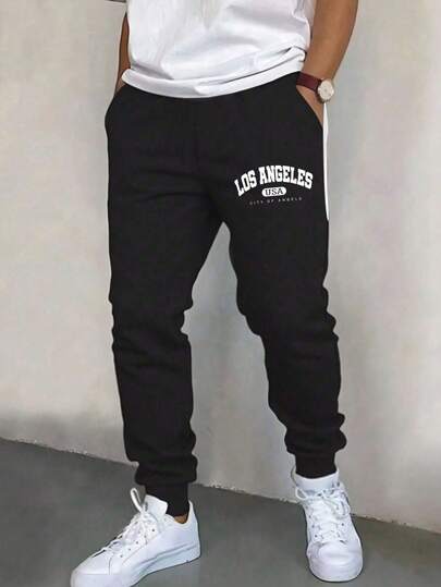 1pc Tween Boys Loose Casual Versatile Solid Color Letter Print Decorative Fleece Jogger Pants, Spring/Autumn