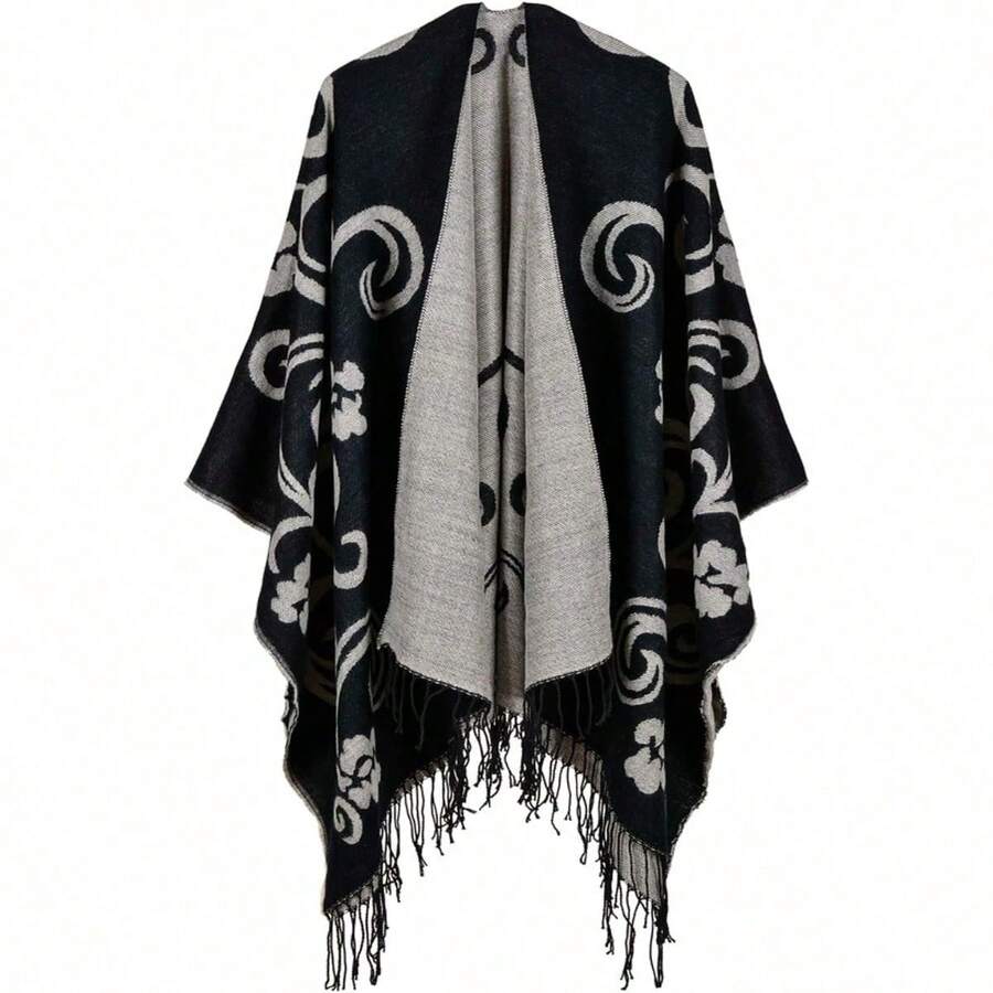 Women's Warm Shawl Wrap Cape Winter Cardigan Sweaters Open Front Poncho - A23-黑色 - 查看 1