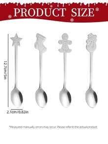 Christmas Coffee Spoons, 4pcs - Stainless Steel Christmas Mixing Spoons Set, Christmas Gift Gingerbread Man, Snowman, Stocket & Star Decor Spoon, Xmas Dessert Spoon Stirring Spoon Ice Cream Spoon, Teaspoons For Dessert Drinks Espresso Milkshake Jam, 4 Styles/Set, Creative Tableware Gift, Christmas Decoration, Christmas Stocking Fillers, Holiday Parties Supplies - Silver - View 5