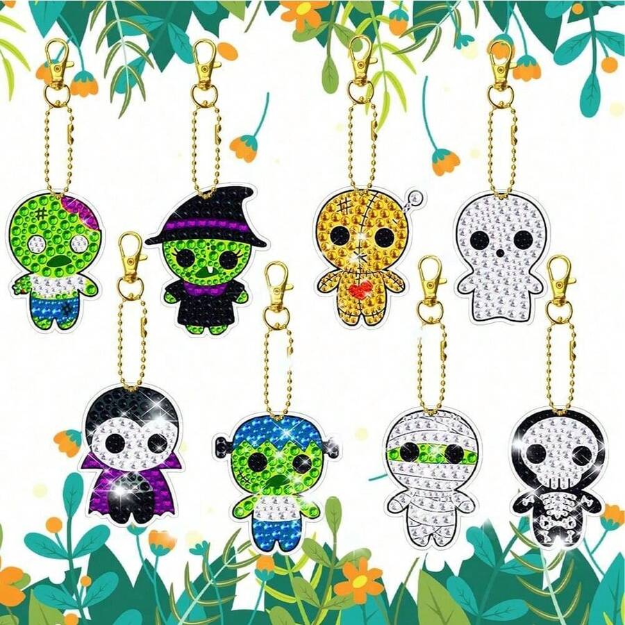 8pcs Diamond Painting Keychain Kit With Tools, Cute Hanging Diamond Painting Keychains, Skull, Camping Diamond Craft Supplies, DIY Jewelry, Halloween Gift
