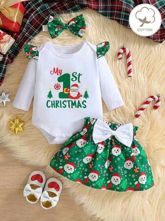 Conjunto de ropa de Navidad para bebé niña, que incluye body con gráfico de letra con cuello con volantes, falda con estampado de Papá Noel de dibujos animados con gran lazo y diadema, un adorable conjunto para otoño/invierno