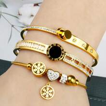 3 件套钻石镶嵌三叶草花朵螺丝设计吊坠和不锈钢手链珠宝礼物