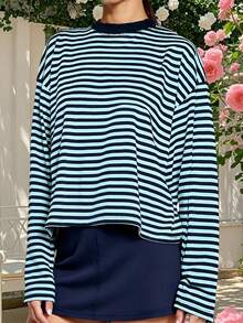 Women Striped Long Sleeve Baggy T Shirts Y2k Vintage Stripes Oversized Boxy Tees Cropped Tops Lionesss Stripped Sweatshirt Fall Preppy Teen Girl Clothes - 藍色 - 查看 4