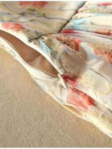 女士优雅双层网纱印花金箔波西米亚风百褶裙，适合海滩、度假、四季穿着，春季皆宜 - 杏色 - 查看 4