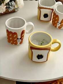 1pc Korean Ins Style Ceramic Mug, Cute Baguette Toast Cat Cup, Couple Breakfast Cup, Water/Milk/Coffee Cup