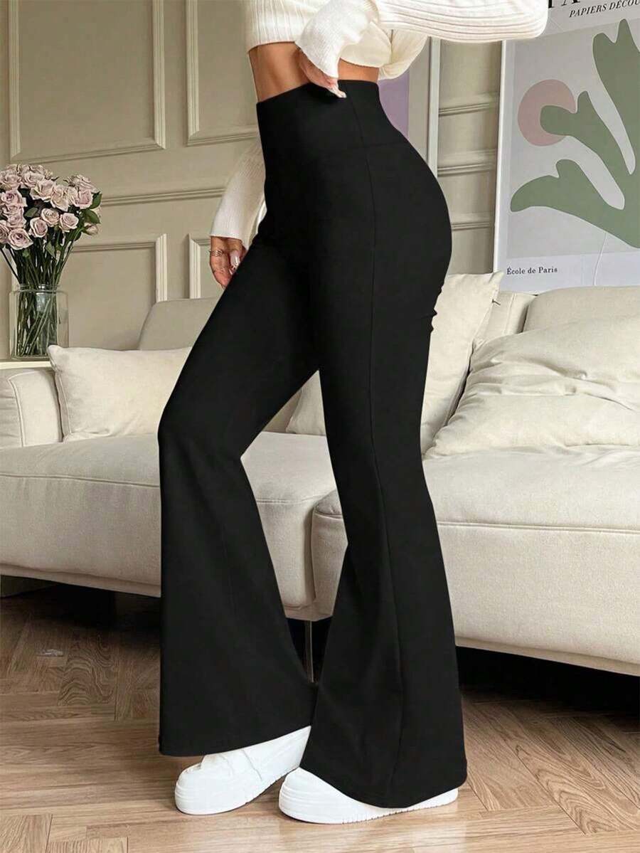 Pantalones rectos de tiro alto y campana en tela lisa para talla pequeña - Negro - Ver 1