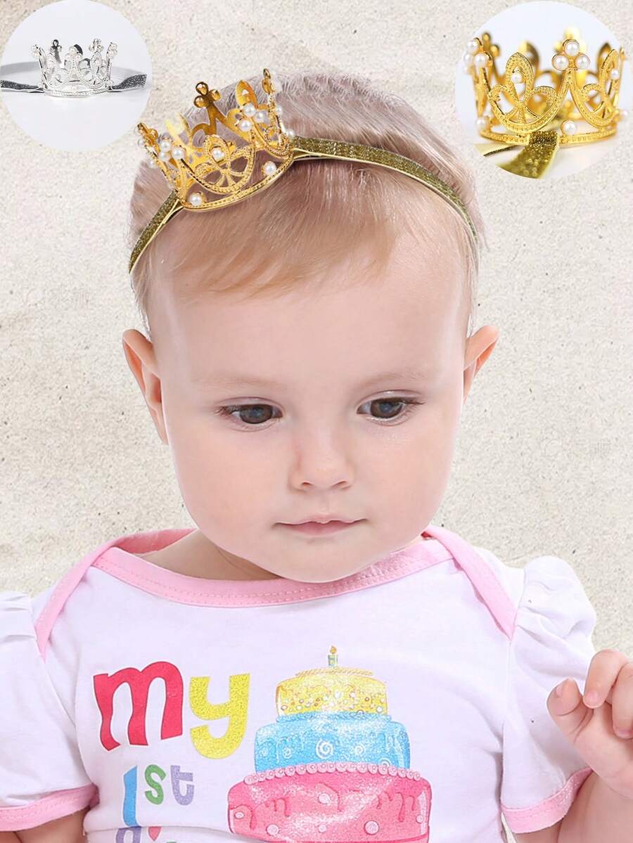 1pc European And American Children's Pearl Zinc Alloy Birthday Headpiece, Elastic Birthday Party Crown Headband, Suitable For Children's Birthday Parties
