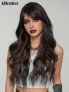 AKAKO 26 Inch Black Brown Highlight Long Wavy Wig With Curtain Bangs, High Quality Heat-Resistant Fiber Synthetic Wave Curly Hair Wig, Gorgeous Goth Style Costume Wigs For Women Halloween Party Masquerade Ball,Music Festivals & Carnival Use - 挑染棕色 - 查看 5