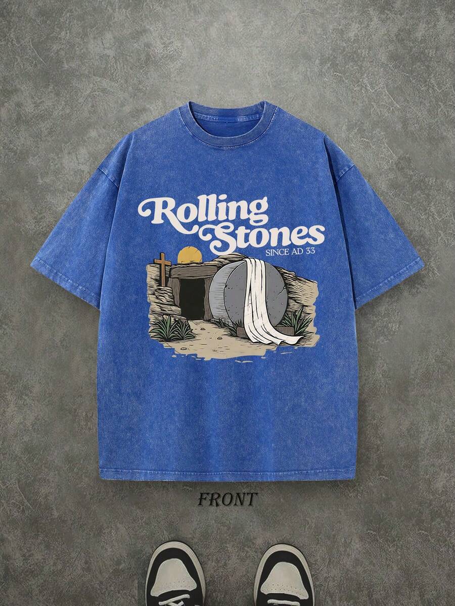 The Stone Was Rolled Away Unisex Christian Washed Shirt, Christian Scripture T-Shirt, Vintage Retro Washed Shirt Single-Sided Printed (230 Heavyweight Pure Cotton T-Shirt)  High Quality Christian T-Shirt, Christian Gifts, Men's And Women's Shirts, Comfortable, Fashion Christian Shirt, Street Style Pure Cotton Fall Shirt - 寶藍色 - 查看 1