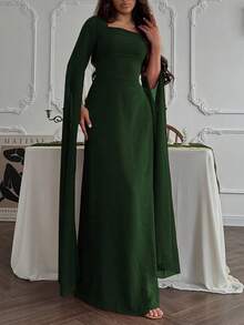 优雅时尚披肩袖宫廷风修身连衣裙，适合毕业典礼、婚礼等场合，高端优雅长袖斗篷式性感修身优雅长袖连衣裙，春季必备 - 墨綠色 - 查看 5