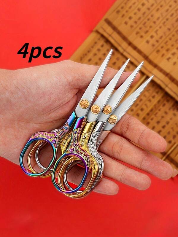 4 pièces Ciseaux à coudre vintage en acier inoxydable - Ciseaux de métier en métal tranchants et durables, ciseaux à fleurs de prunier délicats, pour la maison et le bureau, la broderie et la couture, petits ciseaux rétro tranchants en acier inoxydable, set de ciseaux à thé et de broderie en acier inoxydable - Artisanat de précision, ciseaux pour couper les tissus et les fils avec des poignées complexes