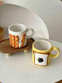 1pc Korean Ins Style Ceramic Mug, Cute Baguette Toast Cat Cup, Couple Breakfast Cup, Water/Milk/Coffee Cup
