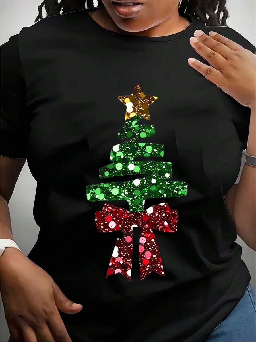 Women's Christmas Tree Print T-Shirt With Glitter Star And Red Bow Design Plus Size Holiday Party Top 220g - 黑色 - 查看 1