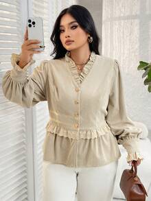 Plus Size Women Ruffle Patchwork Metal Button Front Long Sleeve Corduroy Jacket Coat, Autumn/Winter - Light Khaki - View 3