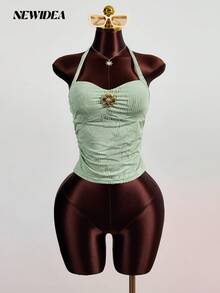 Áo hai dây nữ màu xanh lá cây họa tiết hoa nhí, kiểu dáng ôm sát gợi cảm, áo croptop thời trang cho kỳ nghỉ, thích hợp cho mùa xuân/hè. - màu xanh lá - Xem 7