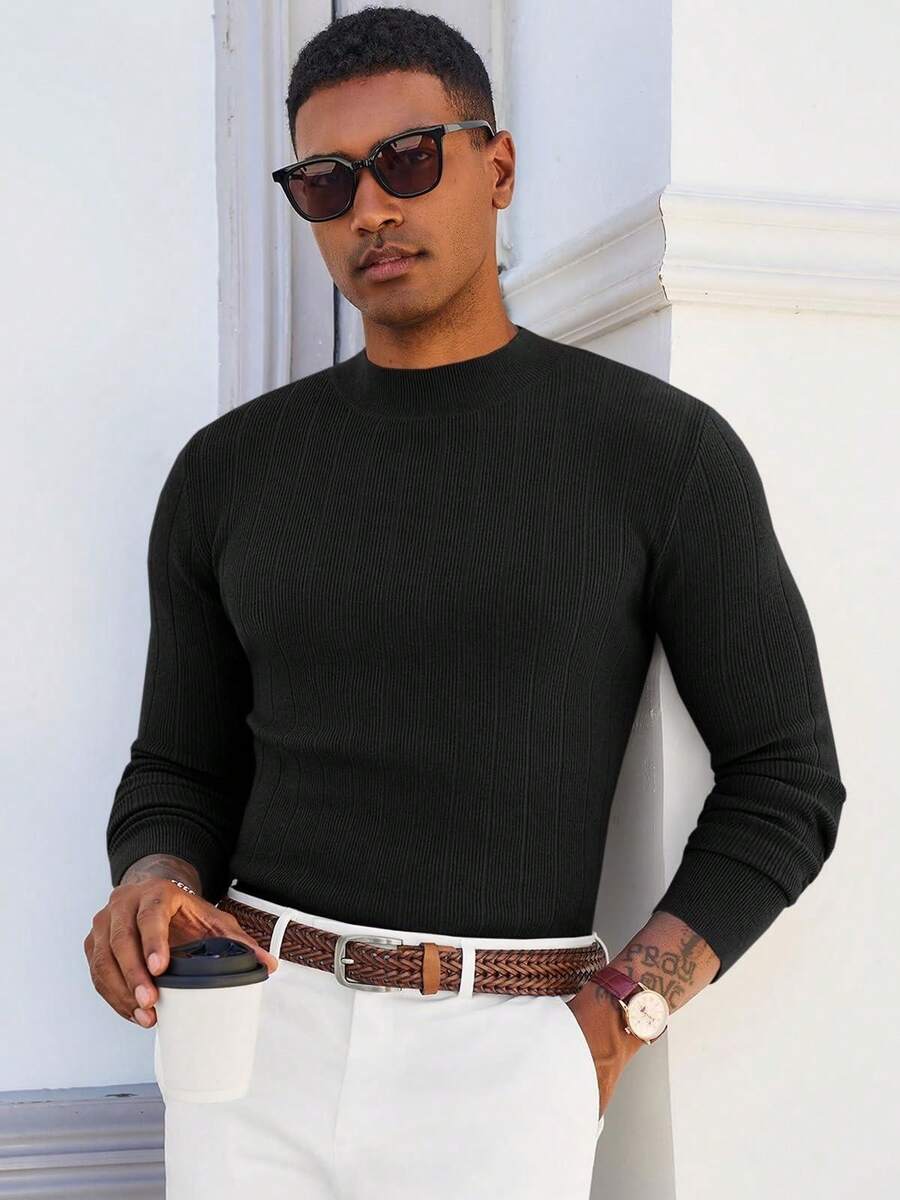 Men's Slim Fit Mock Turtleneck Sweater Casual Ribbed Knitted Pullover Basic Warm Wear For Fall/Winter - Black - View 1