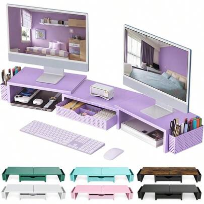 JIAWRI   Gianotter Dual Monitor Stand Riser Desk Organizer With Drawer And 2 Pen Holders Desk Organizers And Accessories Purple Office Decor Purple  Zhang