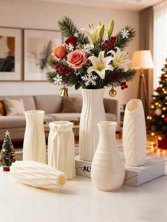 1pc Creative Plastic Vase, Living Room Coffee Table Tabletop Vase, Rose And Lily Flower Vase, Various Styles, Simple Vases, Fake Vases, Decorative Vases, Suitable For Home Decoration And Flower Storage,Christmas Decorative Vase, Christmas Tree Branch Storage Bottle Room Decor Glass Vase