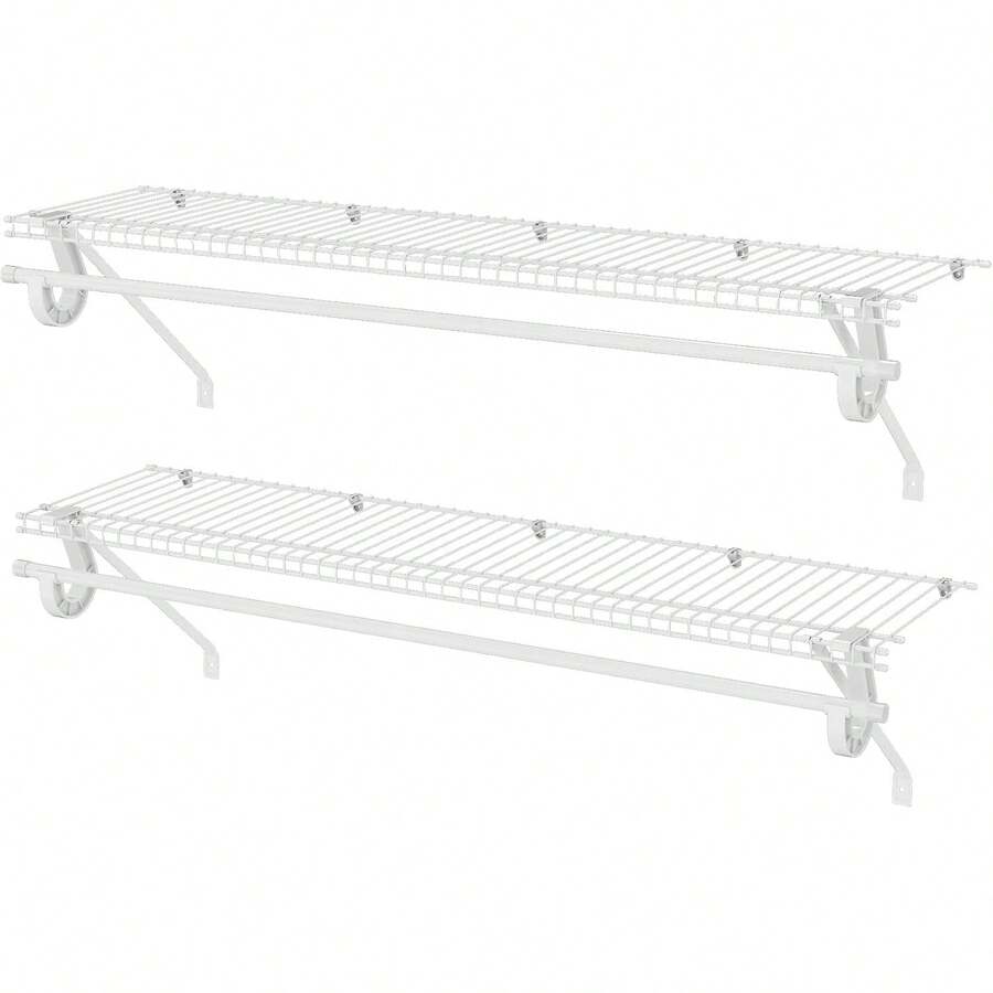Closet Shelves Wall Mounted With Hanging Rod, 2 Pack 4 Ft X 12 In White Wire Shelving Kit, Metal Wall Shelf Organizer For Home, Pantry, Laundry Room Storage