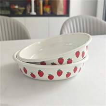 2 pièces Assiettes en émail à motif fraise de 8 pouces, nouveau plat de cuisson ménager, assiette profonde, vaisselle - Fleur de fraise - Voir 1