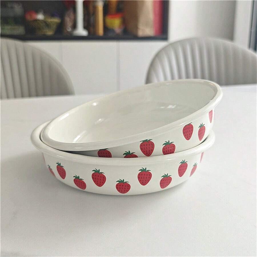 2 pièces Assiettes en émail à motif fraise de 8 pouces, nouveau plat de cuisson ménager, assiette profonde, vaisselle - Fleur de fraise - Voir 1