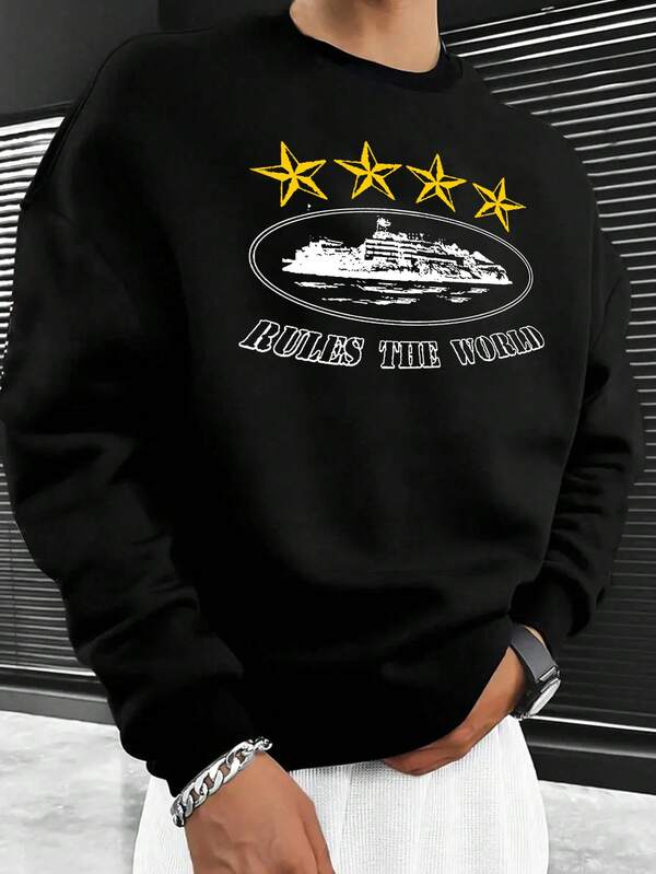 1pc Men's Loose Fit Black Sweatshirt With "RULES THE WORLD" English Slogan, Pullover Suitable For Autumn/Winter