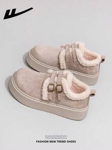 1 Pair WARRIOR Women's Autumn/Winter Warm Sports Shoes, Lace-Up Soft Sole Casual Shoes, Low-Top Outdoor Flat Shoes, Thick Sole Commuter Shoes, Round Toe Low Heel Non-Slip Solid Color Elegant Soft Bottom Hiking Suitable For Students Graduation Photos Flat Shoes, Low-Top Leather Sports Skateboard Shoes For Women - Beige - View 5