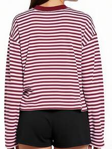 Women Striped Long Sleeve Baggy T Shirts Y2k Vintage Stripes Oversized Boxy Tees Cropped Tops Lionesss Stripped Sweatshirt Fall Preppy Teen Girl Clothes - 淺粉色 - 查看 7