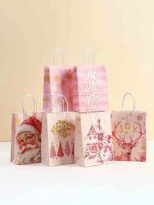 24 bolsas de regalo de Navidad rosas con estampados de Papá Noel y renos - Bolsas de papel kraft, adecuadas para regalos navideños, recuerdos de fiesta y compras - Excelentes para celebraciones de cumpleaños y manualidades