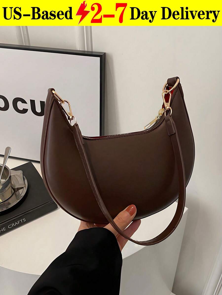 Coffee Brown Crescent Shaped PU Leather Shoulder Handbag, Simple & Stylish, Women, Autumn/Winter,Shoulder Bag, Moon Bag,Carteras Para Mujer,Tote Bags For Women,Totes Bags For Women,Clutch Purse,Purses And Bags,Hand Bags For Women,Handbags,Pink Purse,Wallet,Brown Purse,Bags For Women,Small Purse,Clutch Purse,Vintage,Work Bag - 彩色 - 查看 1